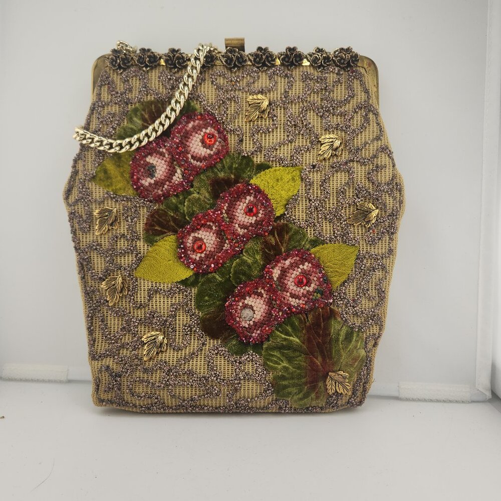 Vintage Soure NY Beaded Floral Evening Bag - Embroidered Tapestry with Chain